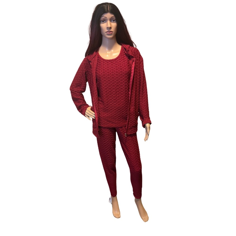Burgundy Textured 3-Piece Amazon Brand Outfit – Tank, Hoodie & Leggings – L/XL
